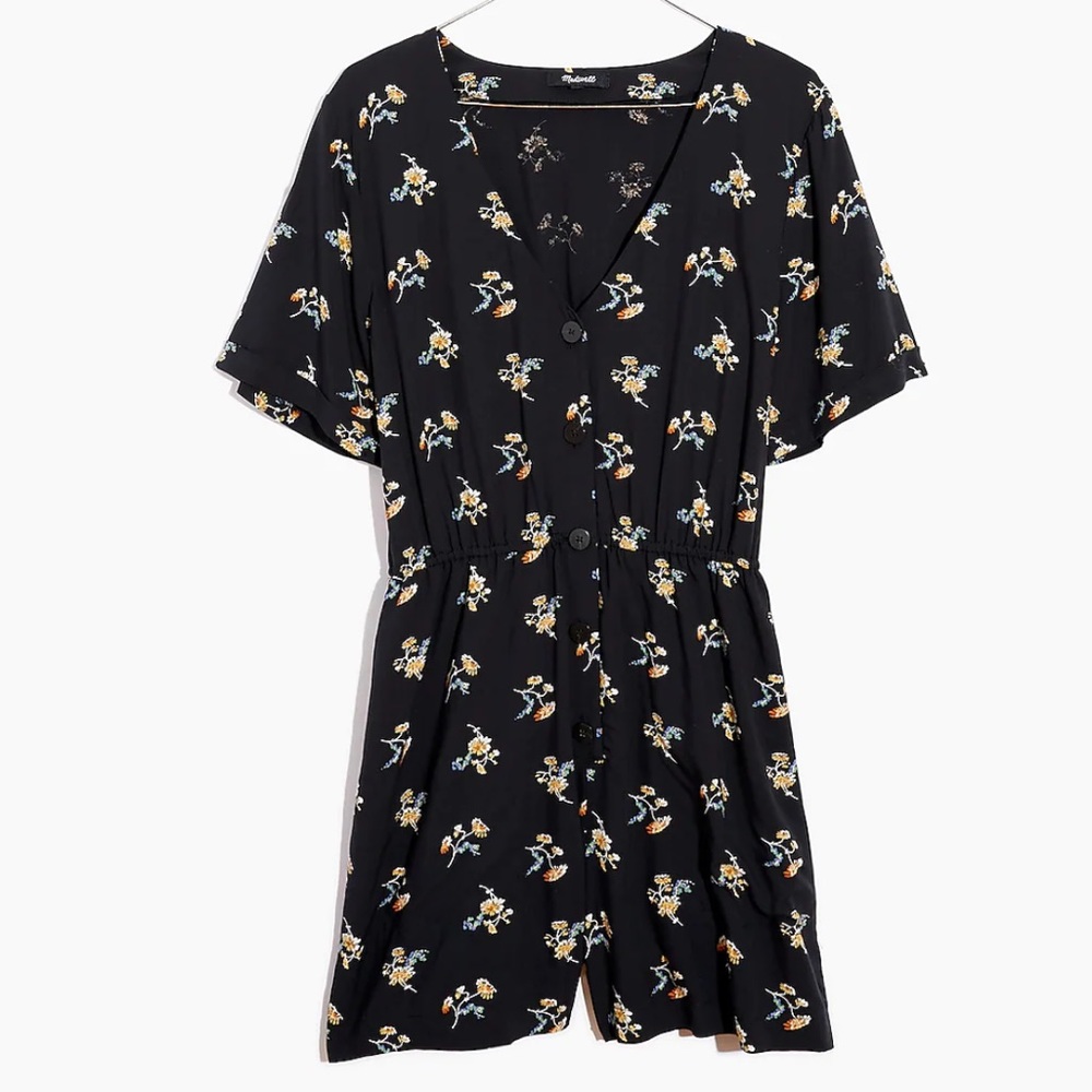 Madewell Button-Front Day Romper in Daisies Floral Black Size XS